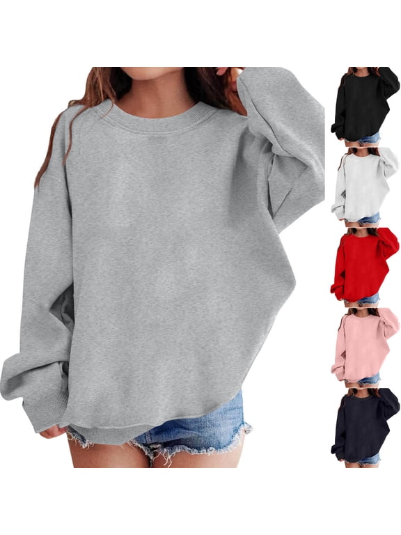 Girls Cotton Sweatshirts, Casual Pullover Loose Fit Long Sleeve Fall Tops Gray Size 10-12