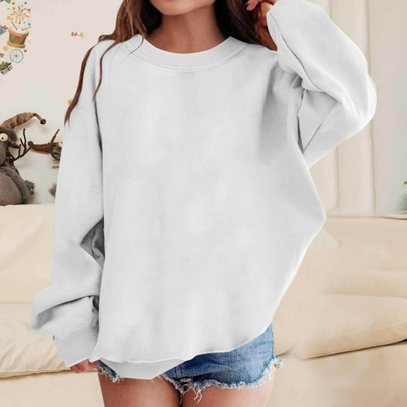 Cethrio Girls Cotton Sweatshirts, Pullover Casual Long Sleeve Loose Fit Fall Tops White Size 10-12