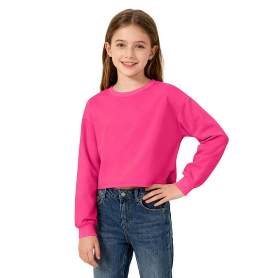 Cethrio Girls Cotton Sweatshirts, Pullover Crew Neck Athletic Casual Long Sleeve Tops Hot Pink Size 7-8 T