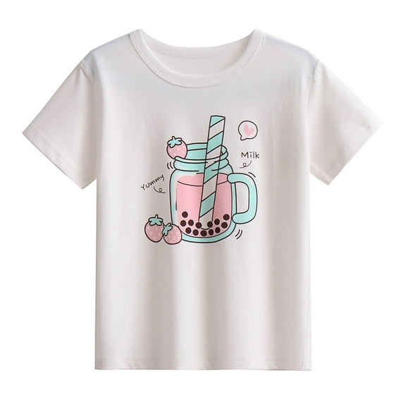 Cethrio Girls Cotton T-shirts, Casual Graphic Crewneck Short Sleeve Summer Tops White Size 7-8