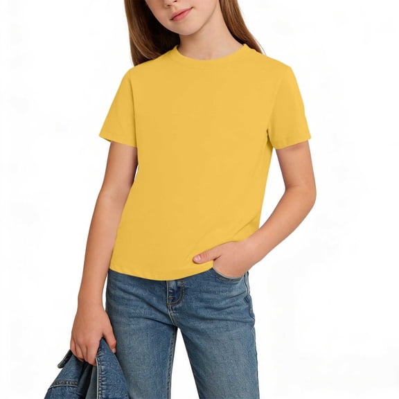 Cethrio Girls Cotton T-shirts, Casual Short Sleeve Soft Crew Neck Summer Tees Tops Yellow Size 14-16