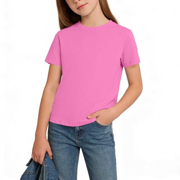 Cethrio Girls Cotton T-shirts, Casual Soft Crew Neck Short Sleeve Summer Tees Tops Hot Pink Size 14-16