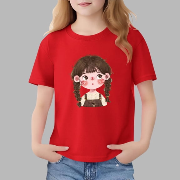 Cethrio Girls Cotton T-shirts, Crew Neck Soft Summer Casual Graphic Tees Red Size 6
