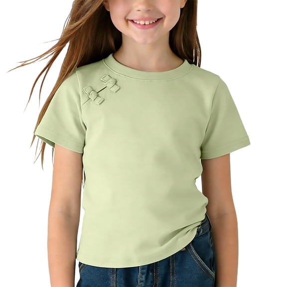 Cethrio Girls Cotton T-shirts, Pullover Casual Short Sleeve Crew Neck Summer Tops Green Size 10