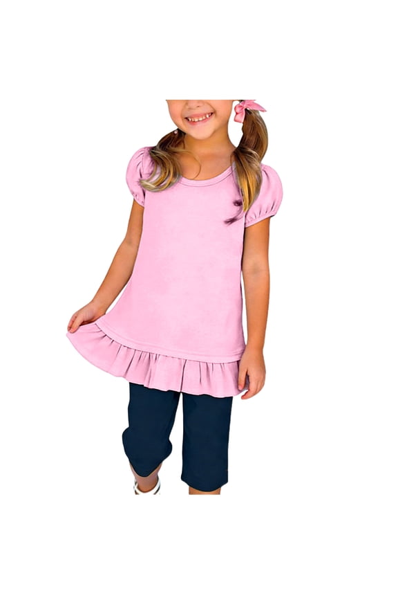 Girls Cotton T-shirts, Short Sleeve Casual Crew Neck Ruffled Summer Tops Pink Size 14-16
