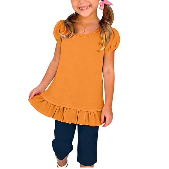 Cethrio Girls Cotton T-shirts, Short Sleeve Ruffled Casual Crew Neck Summer Tops Orange Size 14-16