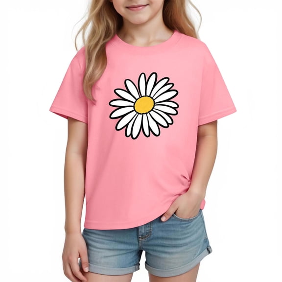 Cethrio Girls Cotton T-shirts, Short Sleeve Summer Casual Crew Neck Graphic Tees for Girl Pink Size 7-8