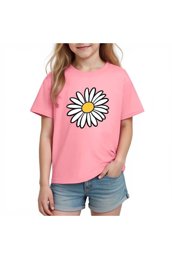 Girls Cotton T-shirts, Short Sleeve Summer Casual Crew Neck Graphic Tees for Girl Pink Size 7-8