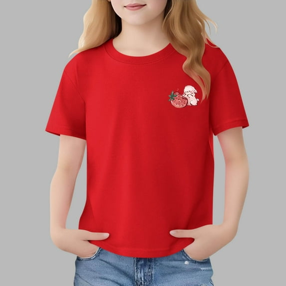 Cethrio Girls Cotton T-shirts, Short Sleeve Summer Soft Casual Graphic Tees for Girl Red Size 3-4 T