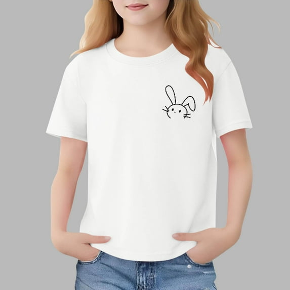 Cethrio Girls Cotton T-shirts, Summer Short Sleeve Casual Vacation Graphic Tees for Girl White Size 7-8
