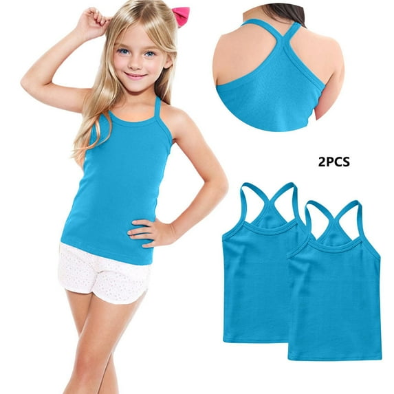 Cethrio Girls Cotton Tank Tops, Backless Sleeveless Solid Color 2 Pack Summer Tops Blue Size 6