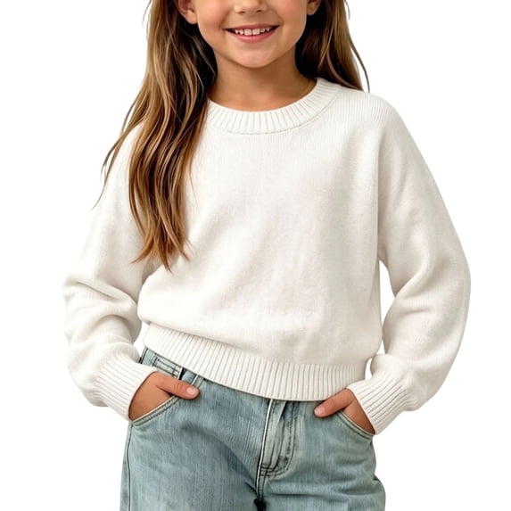 Cethrio Girls Crew Neck Sweaters, Pullover Casual Fall Long Sleeve Knitted Tops White Size 2-3T