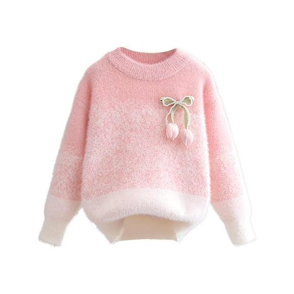 Cethrio Girls Crewneck Sweaters, Pullover Stretchy Knitting Cotton Thermal Winter Undershirts Pink Size 10-12