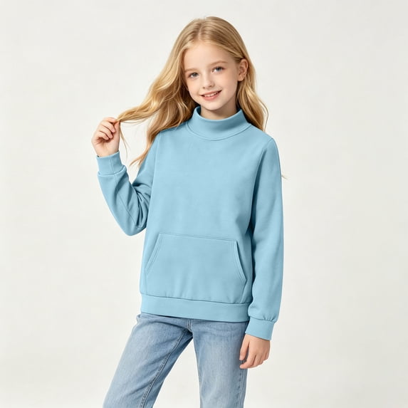 Cethrio Girls Crewneck Sweatshirts, Casual Fleece-lined Long Sleeve Pullover Kids Tops with Pockets Light Blue Size 11-12 T