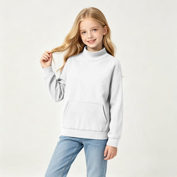 Cethrio Girls Crewneck Sweatshirts, Fleece-lined Long Sleeve Pullover Casual Kids Tops with Pockets White Size 5-6 T
