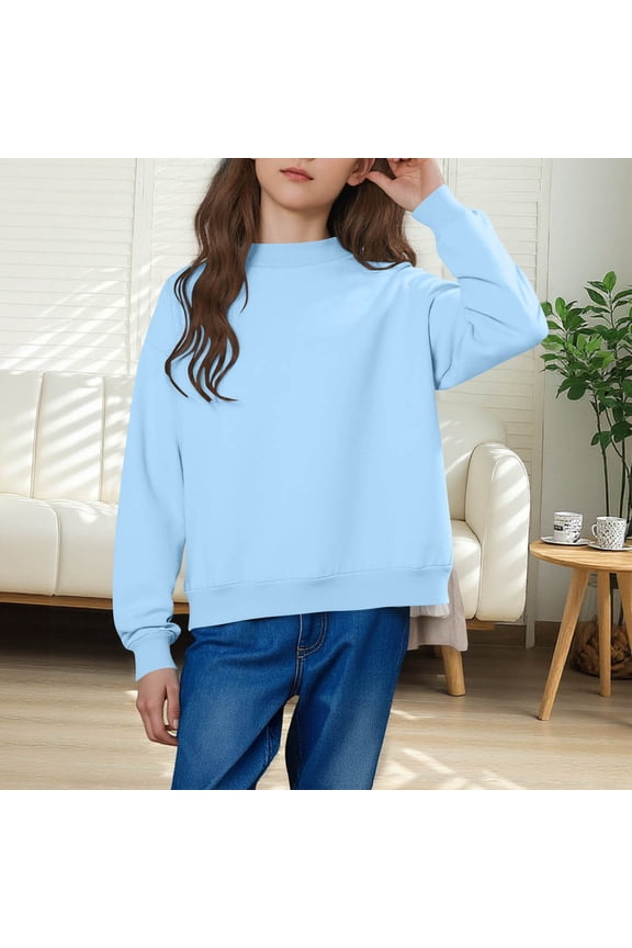 Girls Crewneck Sweatshirts, Pullover Solid Color Casual Fall Long Sleeve Tops Blue Size 14-16