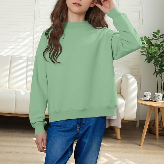 Cethrio Girls Crewneck Sweatshirts, Pullover Solid Color Casual Fall Long Sleeve Tops Green Size 14-16