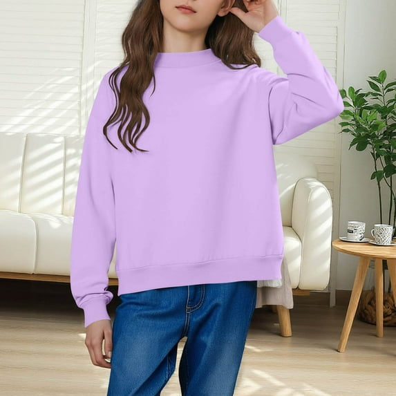 Cethrio Girls Crewneck Sweatshirts, Solid Color Pullover Casual Fall Long Sleeve Tops Purple Size 14-16