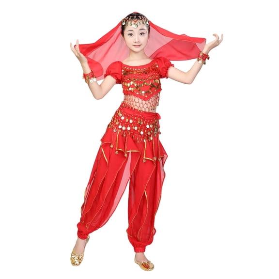 Cethrio Girls Dancewear Outfit Sets, Party Performance Short Sleeve Elastic Waist Girls' Clothing Sets Red Size 11-13 T