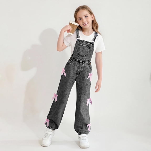 Cethrio Girls Denim Overalls, Adjustable Straps Wide Leg Fashion Stretchy Jeans Jumpsuits Black Size 10-12