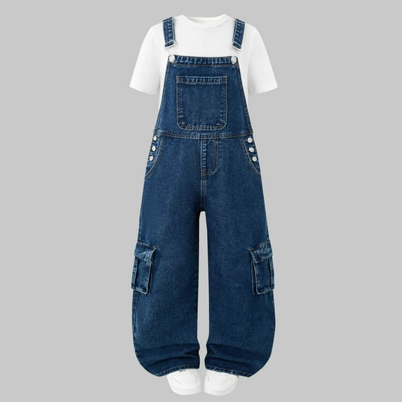 Cethrio Girls Denim Overalls Size 8, Adjustable Straps Sleeveless Wide Leg Stretchy Jeans Jumpsuits Blue Size 8
