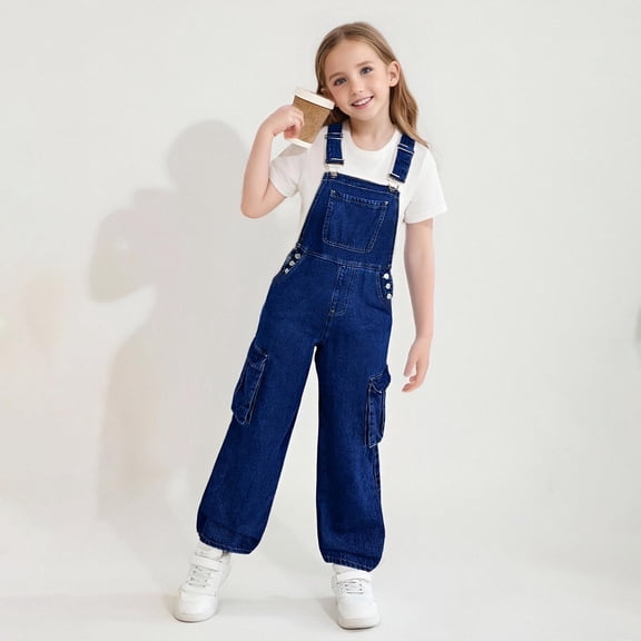 Cethrio Girls Denim Overalls, Stretchy Adjustable Straps Wide Leg Sleeveless Jeans Jumpsuits Dark Blue Size 8