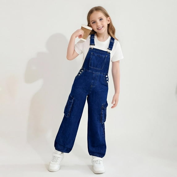 Cethrio Girls Denim Overalls, Stretchy Adjustable Straps Wide Leg Sleeveless Jeans Jumpsuits Dark Blue Size 8