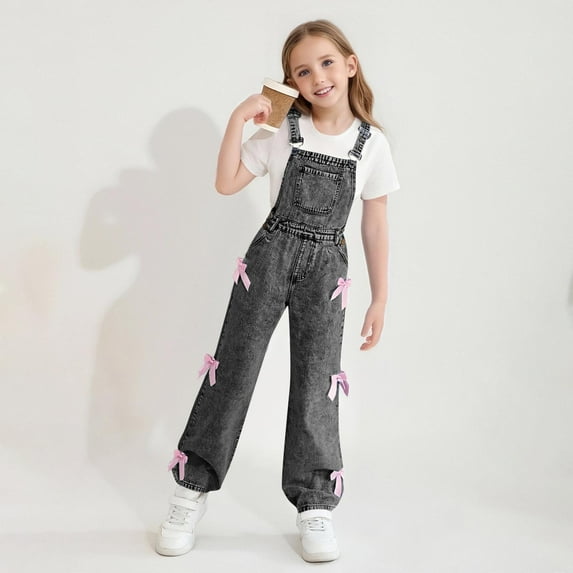 Cethrio Girls Denim Overalls, Stretchy Wide Leg Adjustable Straps Fashion Jeans Jumpsuits Black Size 12