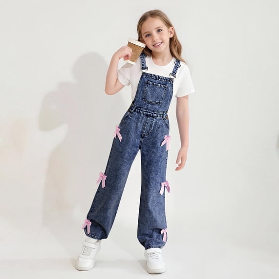 Cethrio Girls Denim Overalls, Wide Leg Adjustable Straps Stretchy Fashion Jeans Jumpsuits Dark Blue Size 10-12