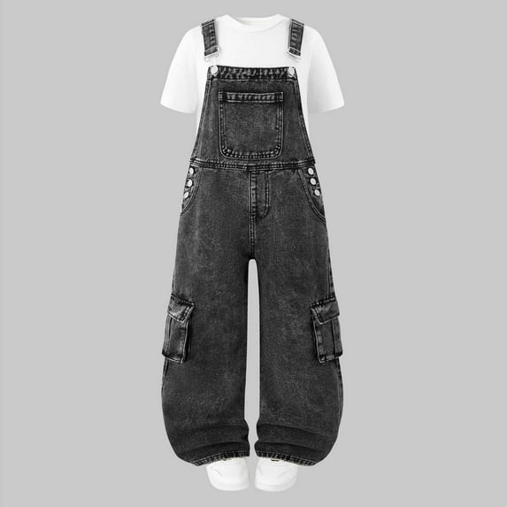 Cethrio Girls Denim Overalls, Wide Leg Stretchy Adjustable Straps Sleeveless Jeans Jumpsuits Black Size 8