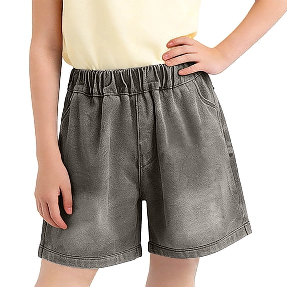 Cethrio Girls Denim Shorts, Elastic Waist School Summer Relaxed Fit Kids Jean Shorts Gray Size 14