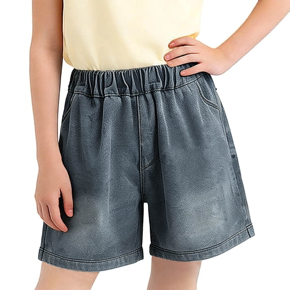 Cethrio Girls Denim Shorts, School Elastic Waist Relaxed Fit Summer Kids Jean Shorts Dark Blue Size 6
