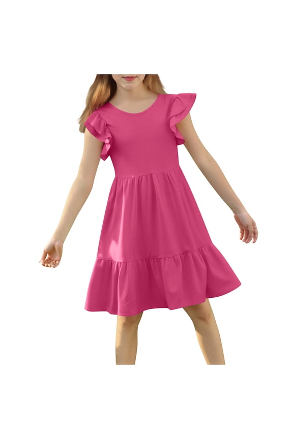 Girls Dresses with Ruffle, Birthday Casual Short Sleeve Summer Dresses Hot Pink Size 7-8 T