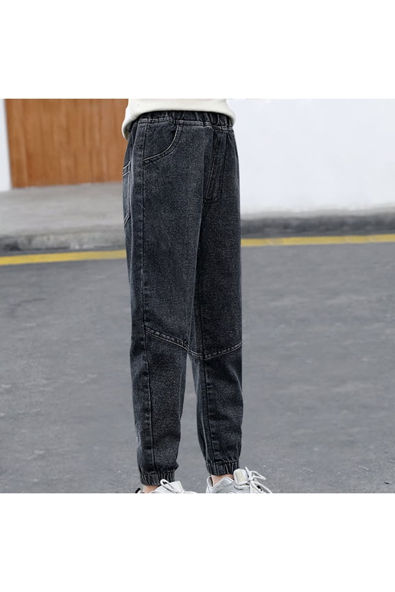 Girls Elastic Feet Jeans, Fashion Elastic Waist Pocket Solid Color Denim Pants Black Size 7 T