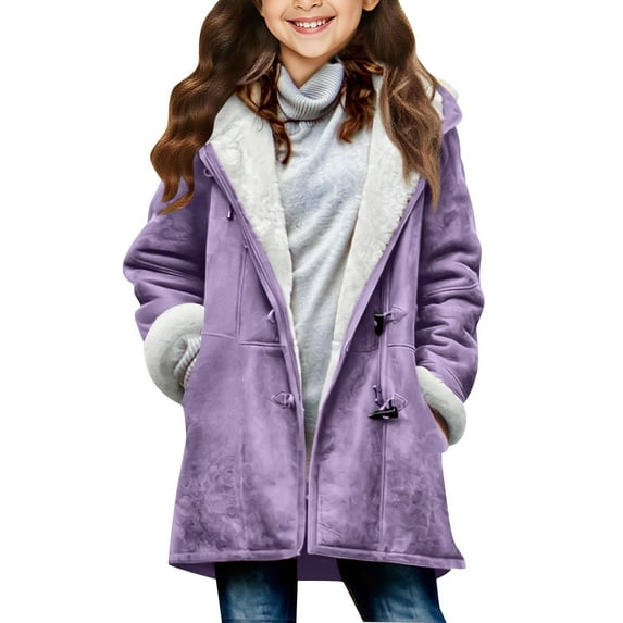 Cethrio Girls Faux Suede Jackets, Fleece Mid-length Hooded Warm Girls Winter Coats Purple Size 14
