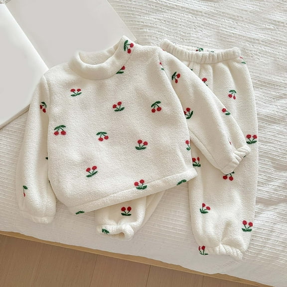 Cethrio Girls Flannel Pajama Sets, Crewneck Long Sleeve Thermal Soft Winter Sleepwear Beige Size 8