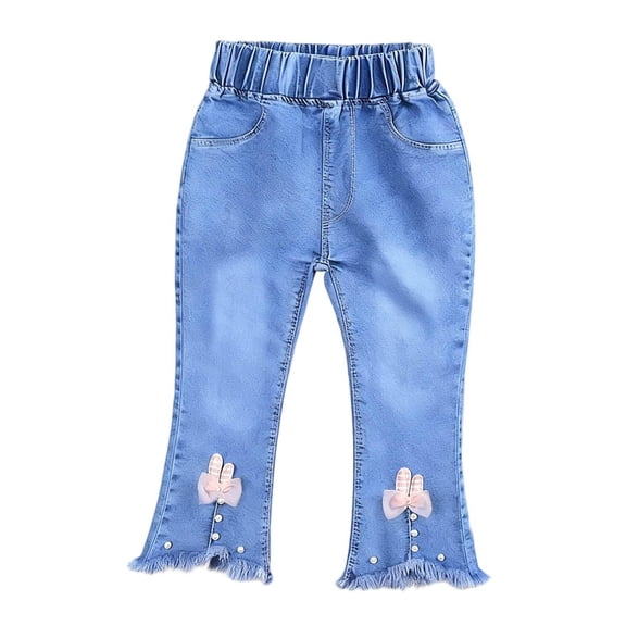 Cethrio Girls Flare Jeans Size 10, Fashion Stretchy Elastic Waist Casual Denim Pants with Bow Light Blue
