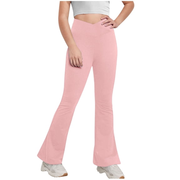 Cethrio Girls Flare Leggings, Elastic Waist Stretch Athletic Dance Flare Pants Pink Size 12-13 T
