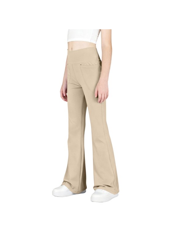 Girls Flare Pants, Casual Yoga Stretchy High-waisted Dancing Pants Khaki Size 12-13 T
