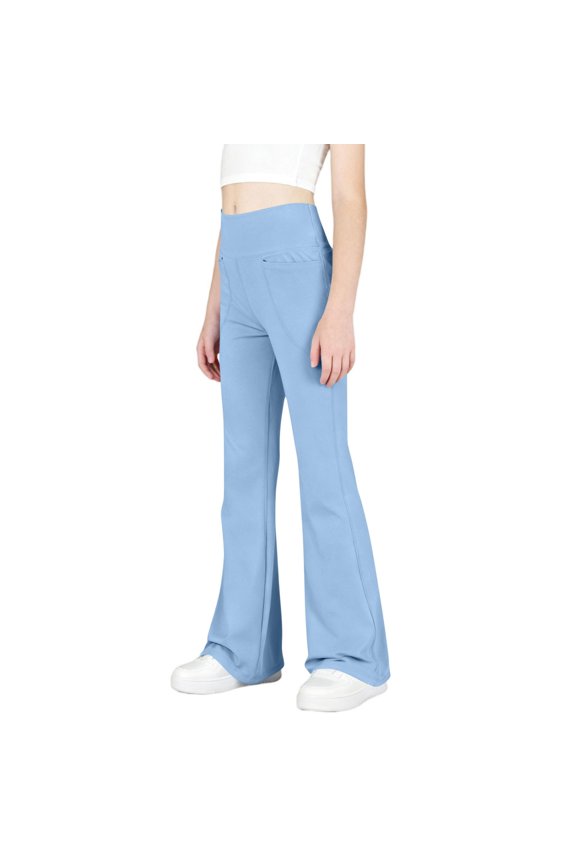 Girls Flare Pants, Casual Yoga Stretchy High-waisted Dancing Pants Light Blue Size 10-12