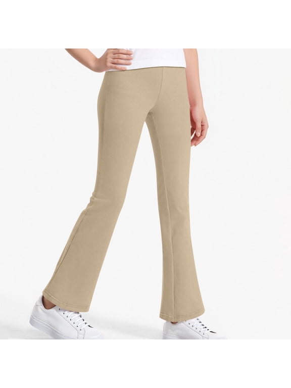Girls Flare Pants, Stretchy Casual Elastic Waist Cotton Dancing Leggings Khaki Size 10-12