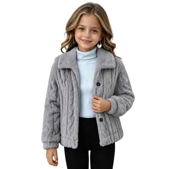 Cethrio Girls Fleece Jacket, Long Sleeve Warm Collared Button Front Winter Outerwear Size 11-12 Years Gray