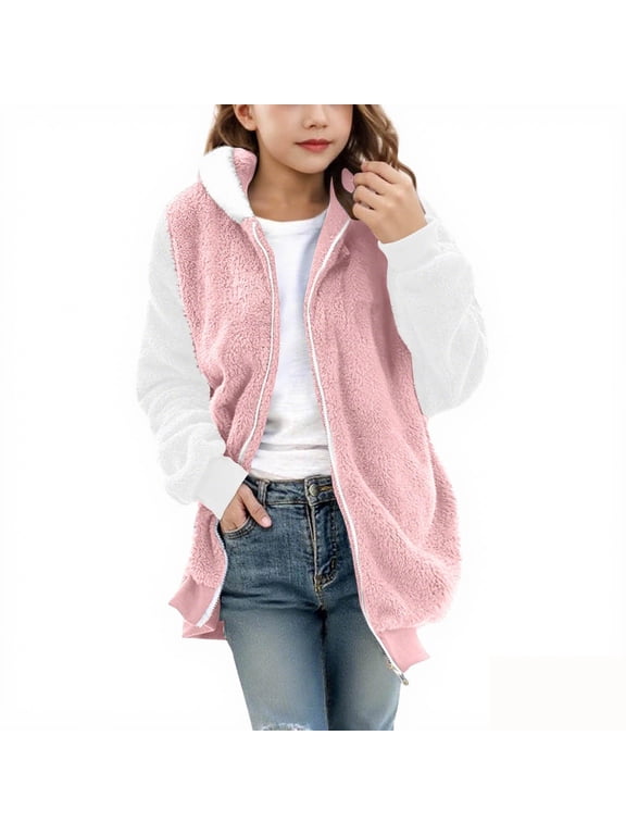 Girls Fleece Jacket, Zip up Warm Lightweight Casual Girls Hooded Ourterwear Pink Size 7-8