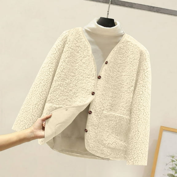 Cethrio Girls Fleece Jackets, Casual Long Sleeve Warm Lightweight Winter Outerwear with Pockets Beige Size 10-12