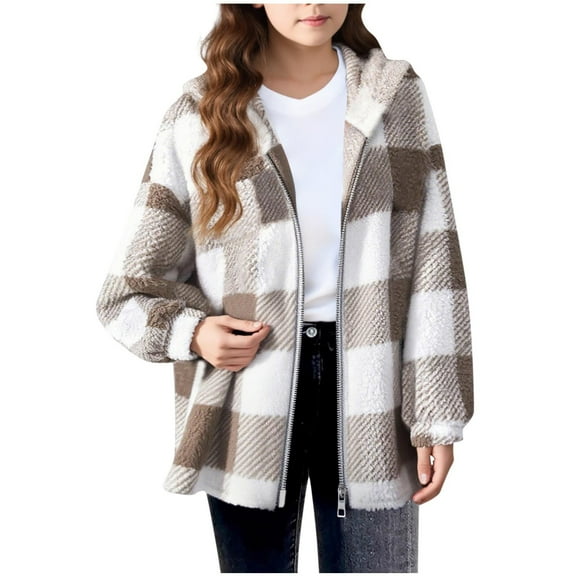 Cethrio Girls Fleece Jackets, Full Zip Long Sleeve Hooded Plaid Winter Outerwear Khaki Size 7-8