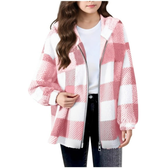 Cethrio Girls Fleece Jackets, Hooded Plaid Long Sleeve Full Zip Winter Outerwear Pink Size 7-8