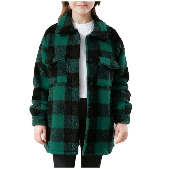 Cethrio Girls Fleece Jackets, Lapel Collar Mid-length Warm Plaid Winter Outerwear Army Green Size 6