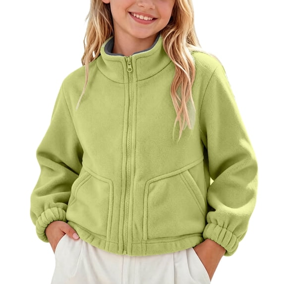 Cethrio Girls Fleece Jackets, Lightweight Zip up Stand up Collar Warm Winter Outerwear Green Size 7-8 T