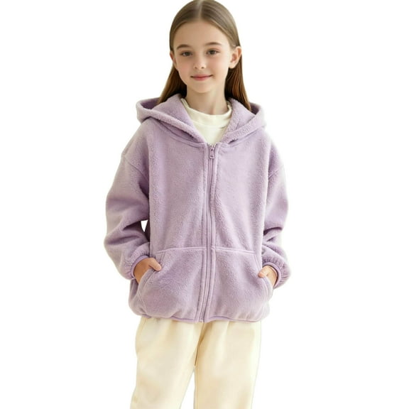 Cethrio Girls Fleece Jackets, Long Sleeve Casual Warm Zip up Winter Outerwear with Hood Purple Size 14-16