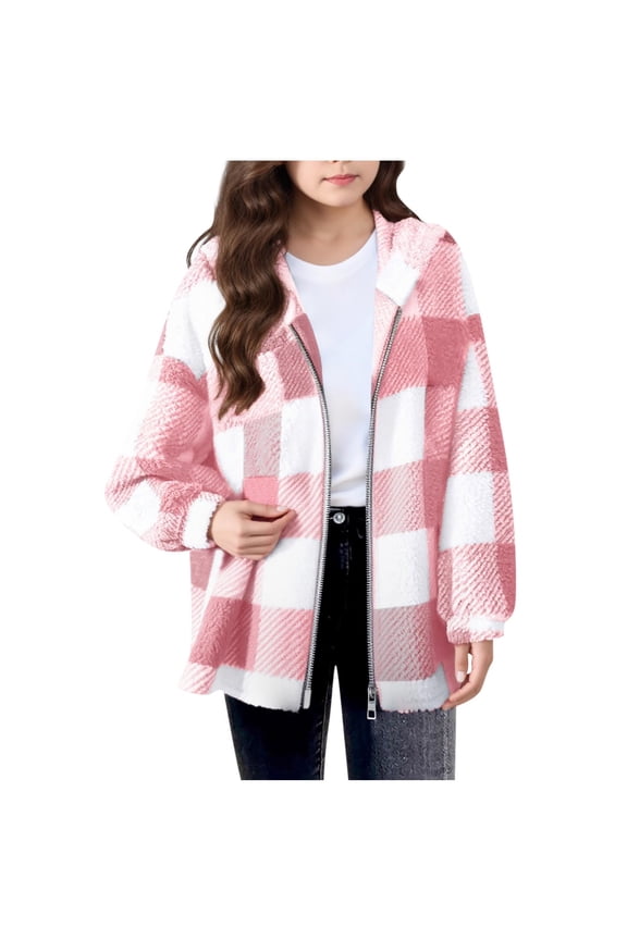 Girls Fleece Jackets, Long Sleeve Plaid Hooded Full Zip Winter Outerwear Pink Size 13-14T